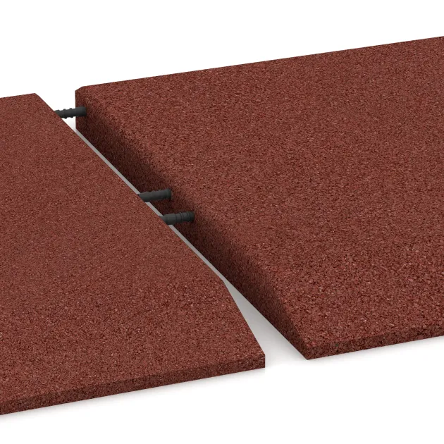 Großaufnahme vom Verbindungssystem von WARCO-Boden 0426 - Rand-Platte (eine Seite abgeschrägt) im Farbdesign Ziegelrot. Abmessungen 500 x 500 x 40 mm.