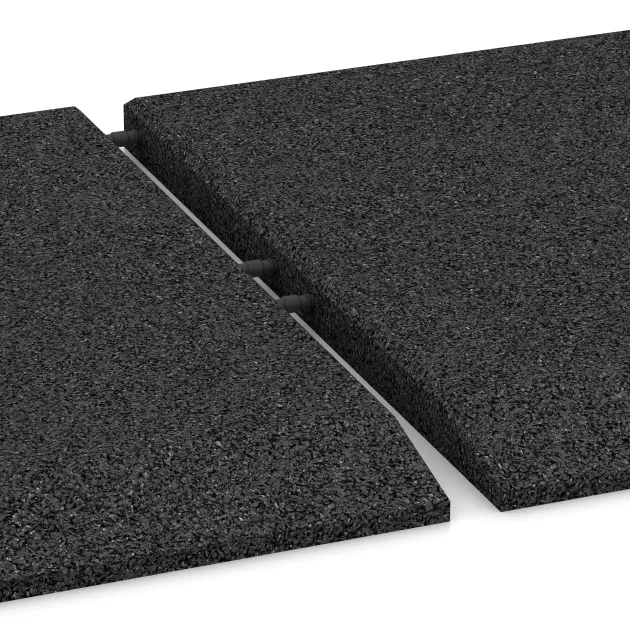 Großaufnahme vom Verbindungssystem von WARCO-Boden 0425 - Rand-Platte (eine Seite abgeschrägt) im Farbdesign Anthrazit. Abmessungen 500 x 500 x 30 mm.