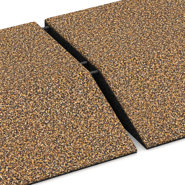 Großaufnahme vom Verbindungssystem von WARCO-Boden 3814 - Rand-Platte (eine Seite abgeschrägt) im Farbdesign Rattan Lounge. Abmessungen 500 x 500 x 100 mm.