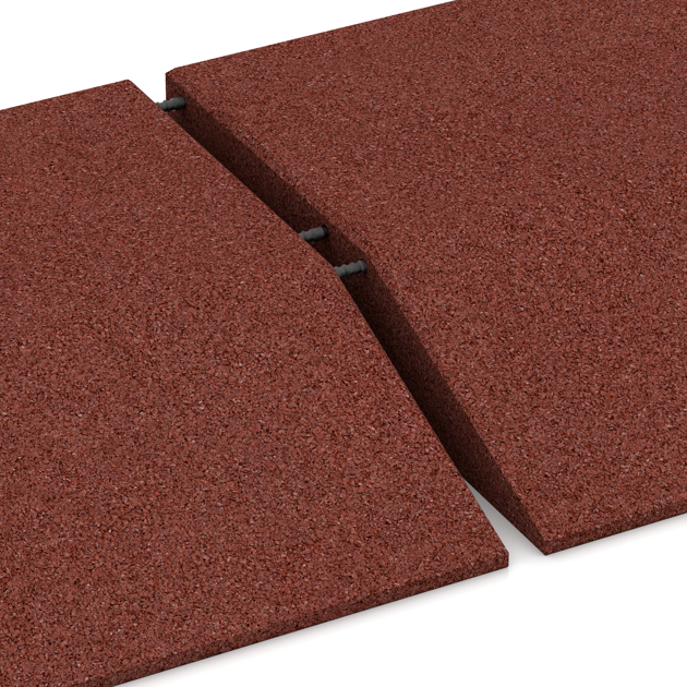 Großaufnahme vom Verbindungssystem von WARCO-Boden 0456 - Rand-Platte (eine Seite abgeschrägt) im Farbdesign Ziegelrot. Abmessungen 500 x 500 x 100 mm.