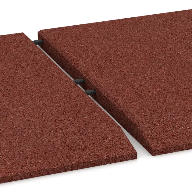 Großaufnahme vom Verbindungssystem von WARCO-Boden 0462 - Eck-Platte (zwei Seiten abgeschrägt) im Farbdesign Ziegelrot. Abmessungen 500 x 500 x 30 mm.