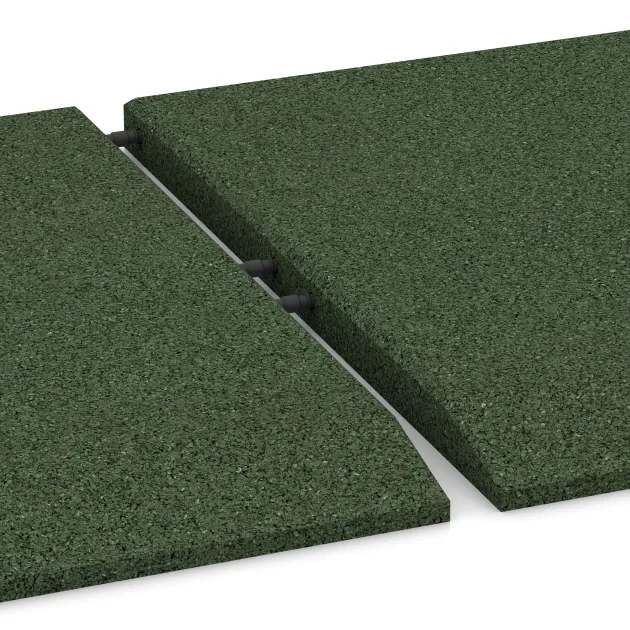 Großaufnahme vom Verbindungssystem von WARCO-Boden 0465 - Eck-Platte (zwei Seiten abgeschrägt) im Farbdesign Grasgrün. Abmessungen 500 x 500 x 30 mm.