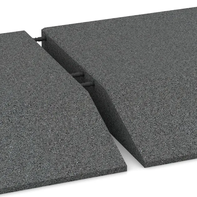 Großaufnahme vom Verbindungssystem von WARCO-Boden 0496 - Eck-Platte (zwei Seiten abgeschrägt) im Farbdesign Schiefergrau. Abmessungen 500 x 500 x 80 mm.