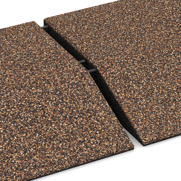 Großaufnahme vom Verbindungssystem von WARCO-Boden 3834 - Eck-Platte (zwei Seiten abgeschrägt) im Farbdesign Bast & Borke. Abmessungen 500 x 500 x 100 mm.