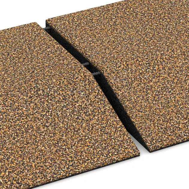 Großaufnahme vom Verbindungssystem von WARCO-Boden 3823 - Eck-Platte (zwei Seiten abgeschrägt) im Farbdesign Rattan Lounge. Abmessungen 500 x 500 x 100 mm.