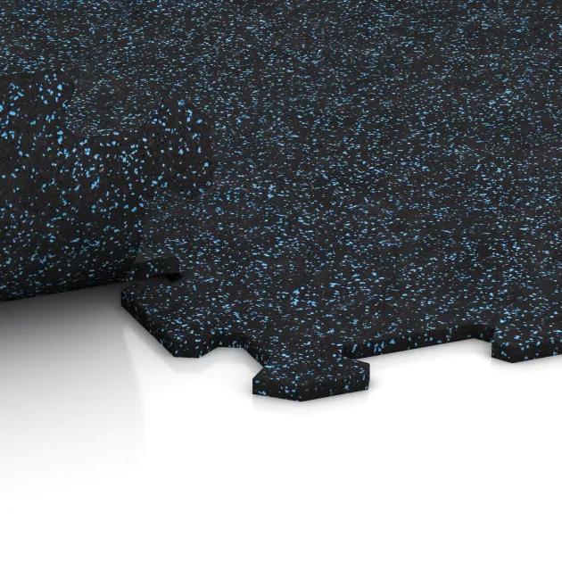 Großaufnahme vom Verbindungssystem von WARCO-Boden 1038 - Treppenbelag im Farbdesign Leicht Blau Gesprenkelt. Abmessungen 970 x 970 x 8 mm | 0,94 m.