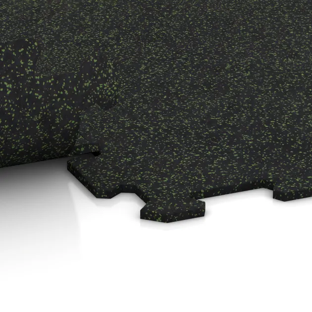 Großaufnahme vom Verbindungssystem von WARCO-Boden 1042 - Treppenbelag im Farbdesign Leicht Grün Gesprenkelt. Abmessungen 970 x 970 x 8 mm | 0,94 m.