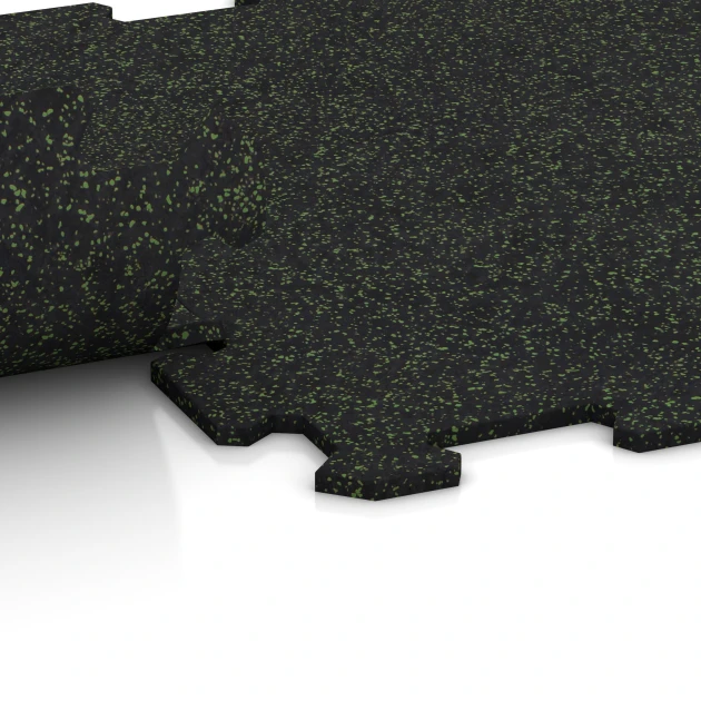 Großaufnahme vom Verbindungssystem von WARCO-Boden 0921 - Fitnessboden Kompakt im Farbdesign Leicht Grün Gesprenkelt. Abmessungen 485 x 485 x 8 mm | 0,235 m².