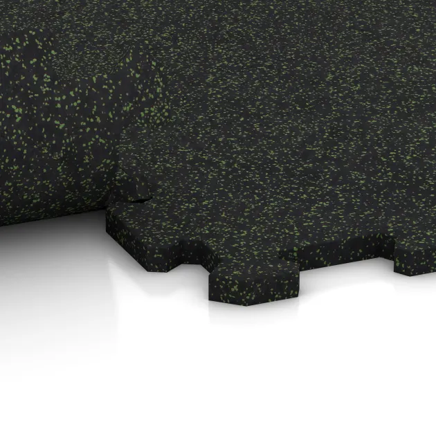 Großaufnahme vom Verbindungssystem von WARCO-Boden 0997 - Fitnessboden Kompakt im Farbdesign Leicht Grün Gesprenkelt. Abmessungen 485 x 485 x 16 mm | 0,235 m².