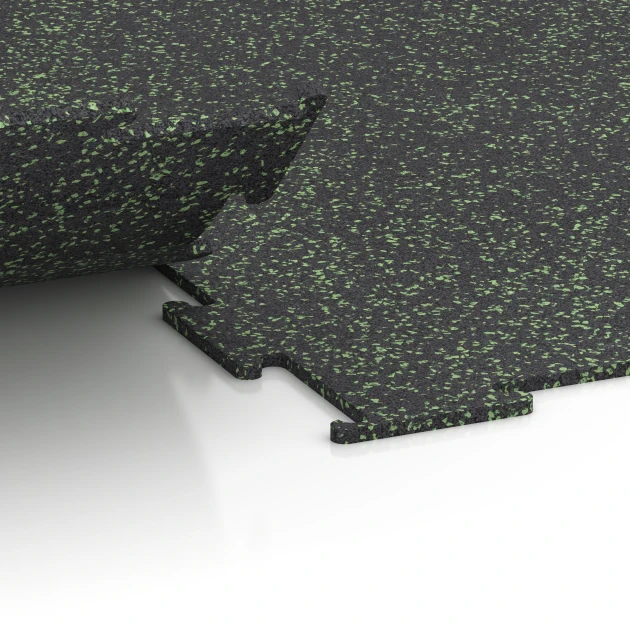 Großaufnahme vom Verbindungssystem von WARCO-Boden 6453 - Fitnessboden Kompakt im Farbdesign Leicht Grün Gesprenkelt. Abmessungen 100 × 100 × 0,8 cm.