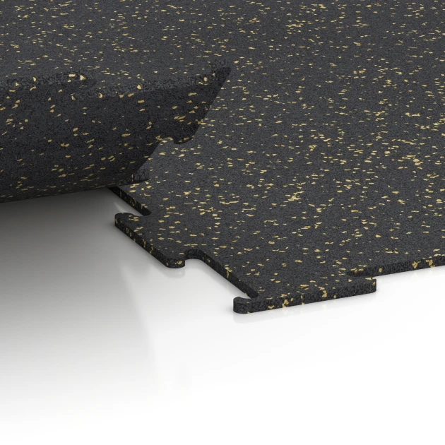 Großaufnahme vom Verbindungssystem von WARCO-Boden 6460 - Fitnessboden Kompakt im Farbdesign Leicht Gelb Gesprenkelt. Abmessungen 50 × 50 × 0,8 cm.