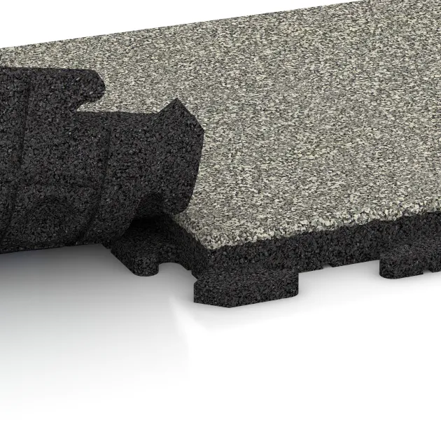 Großaufnahme vom Verbindungssystem von WARCO-Boden 1299 - Gehwegplatte Classic im Farbdesign Heller Granit. Abmessungen 500 x 500 x 40 mm.