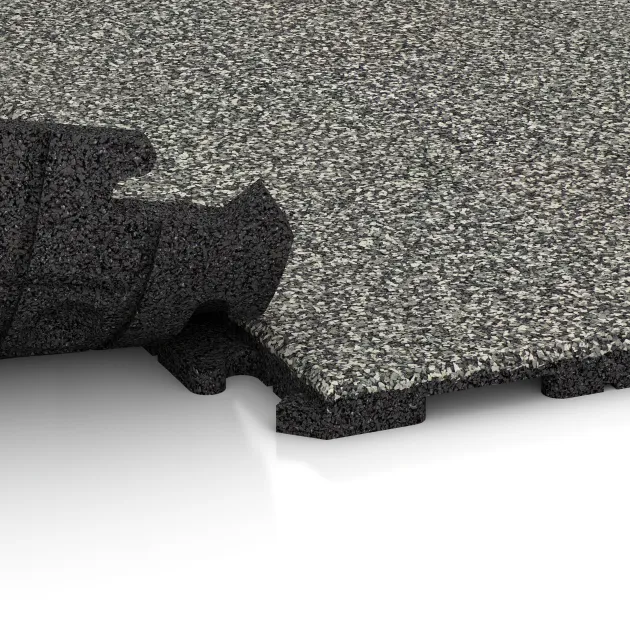 Großaufnahme vom Verbindungssystem von WARCO-Boden 1599 - Fitnessboden Gummi-Fliesen Classic im Farbdesign Grauer Granit. Abmessungen 1000 x 1000 x 30 mm.