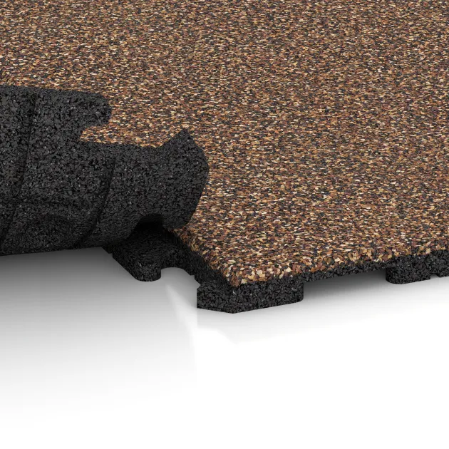 Großaufnahme vom Verbindungssystem von WARCO-Boden 1603 - Fitnessboden Gummi-Fliesen Classic im Farbdesign Bast & Borke. Abmessungen 1000 x 1000 x 30 mm.