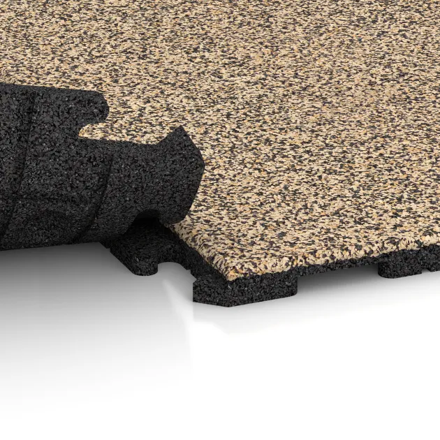 Großaufnahme vom Verbindungssystem von WARCO-Boden 1606 - Fitnessboden Gummi-Fliesen Classic im Farbdesign Travertin. Abmessungen 1000 x 1000 x 30 mm.