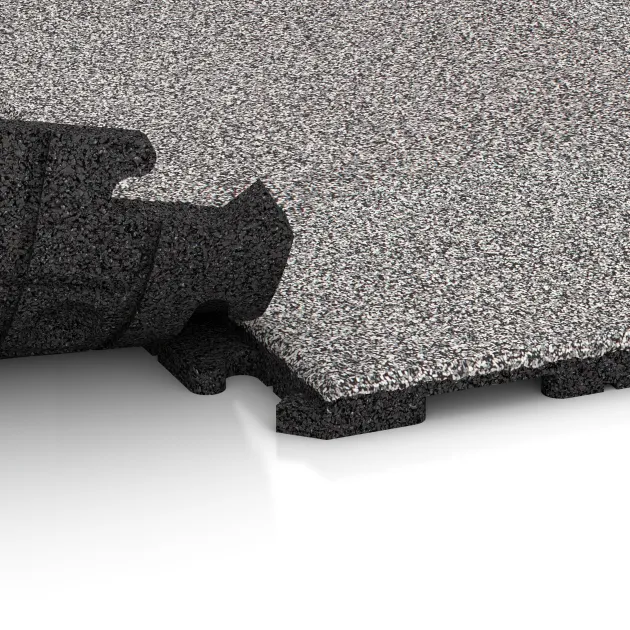 Großaufnahme vom Verbindungssystem von WARCO-Boden 4638 - Fitnessboden Gummi-Fliesen Classic im Farbdesign Grau Melange. Abmessungen 1000 x 1000 x 30 mm.