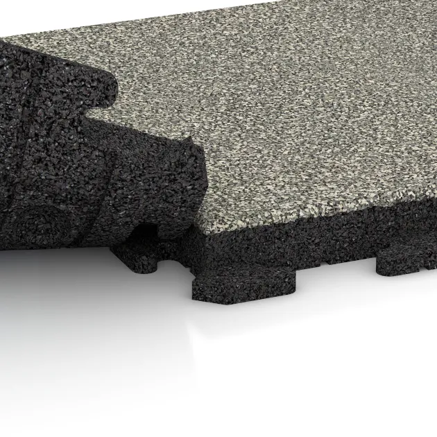 Großaufnahme vom Verbindungssystem von WARCO-Boden 1432 - Gehwegplatte Classic im Farbdesign Heller Granit. Abmessungen 500 x 500 x 50 mm.