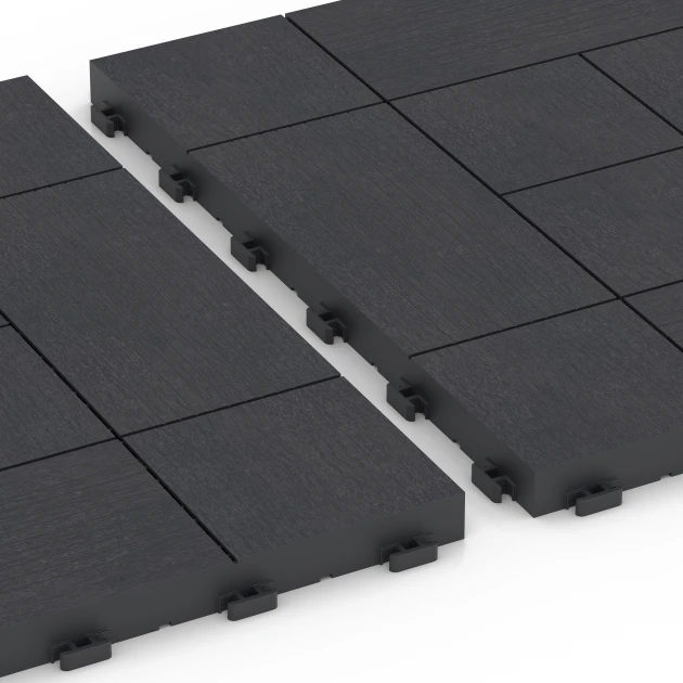 Großaufnahme vom Verbindungssystem von WARCO-Boden 6236 - Tafelmuster – Klickfliese im Farbdesign Schiefer. Abmessungen 38,5 x 38,5 x 2 cm.