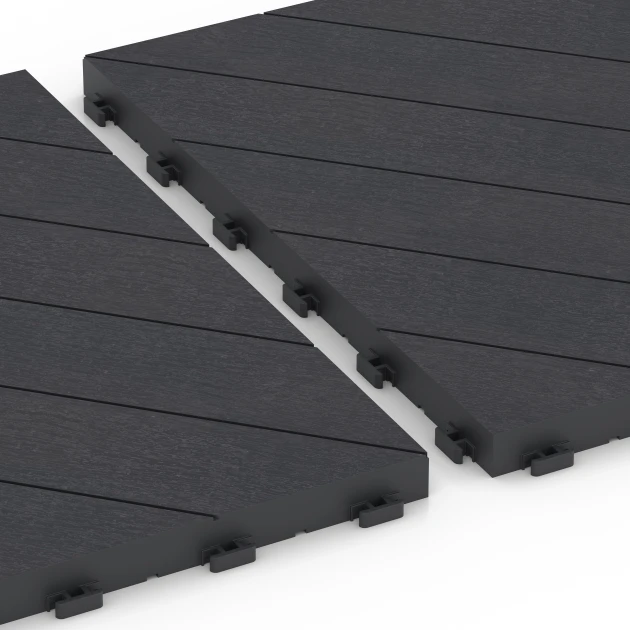 Großaufnahme vom Verbindungssystem von WARCO-Boden 6325 - Fischgrät – Klickfliese im Farbdesign Schiefer. Abmessungen 38,5 x 38,5 x 2 cm.