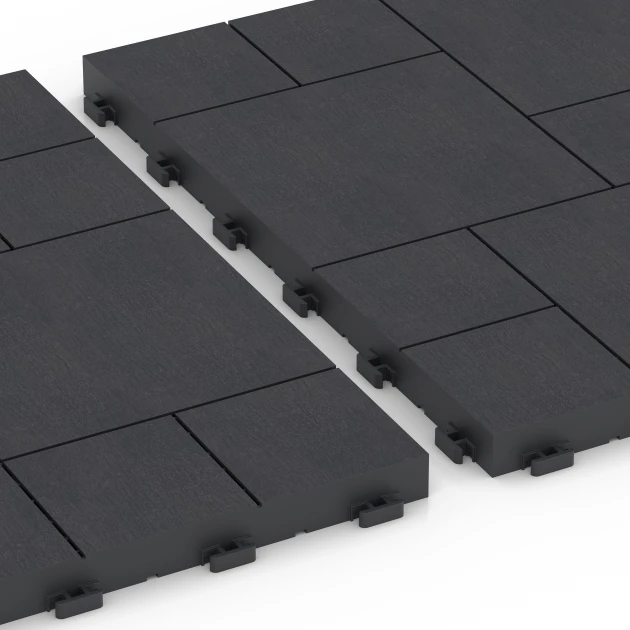 Großaufnahme vom Verbindungssystem von WARCO-Boden 6329 - Blockmuster – Klickfliese im Farbdesign Schiefer. Abmessungen 38,5 x 38,5 x 2 cm.