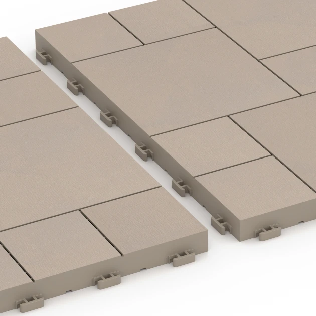 Großaufnahme vom Verbindungssystem von WARCO-Boden 6331 - Blockmuster – Klickfliese im Farbdesign Vanille. Abmessungen 38,5 x 38,5 x 2 cm.