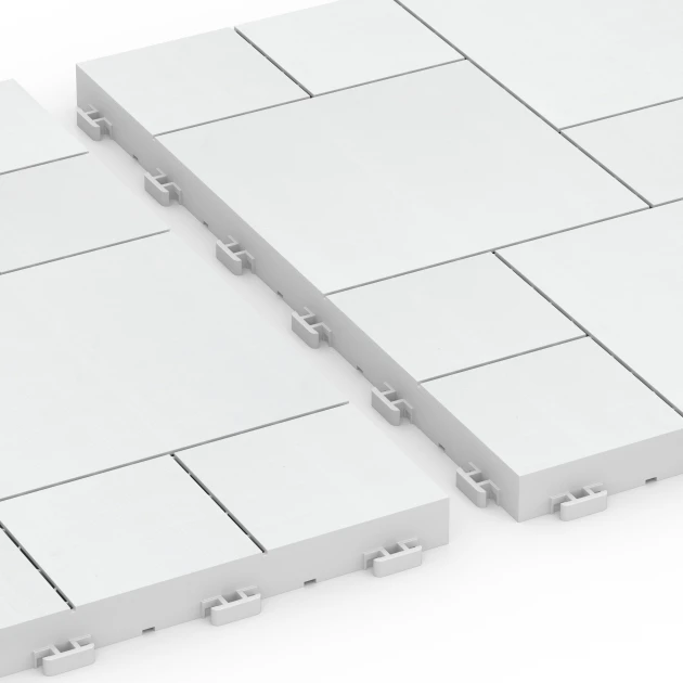 Großaufnahme vom Verbindungssystem von WARCO-Boden 6333 - Blockmuster – Klickfliese im Farbdesign Kreide. Abmessungen 38,5 x 38,5 x 2 cm.