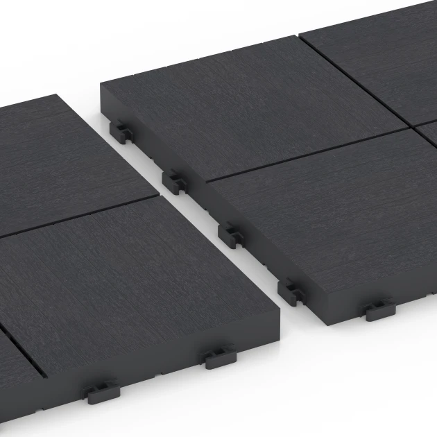 Großaufnahme vom Verbindungssystem von WARCO-Boden 6347 - Mosaik – Klickfliese im Farbdesign Schiefer. Abmessungen 30 x 30 x 2 cm.