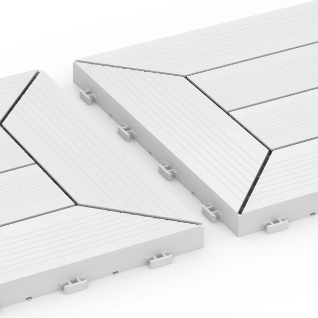 Großaufnahme vom Verbindungssystem von WARCO-Boden 6352 - Kassettenmuster – Klickfliese im Farbdesign Kreide. Abmessungen 30 x 30 x 2 cm.