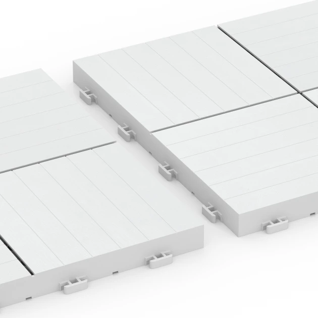 Großaufnahme vom Verbindungssystem von WARCO-Boden 6353 - Mosaik – Klickfliese im Farbdesign Kreide. Abmessungen 30 x 30 x 2 cm.