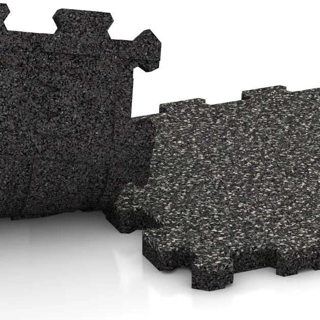 Großaufnahme vom Verbindungssystem von WARCO-Boden 3724 - Fitnessmatte Premium 2 cm im Farbdesign Dunkelgrauer Granit. Abmessungen 306 x 306 x 20 mm.