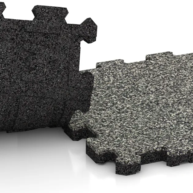 Großaufnahme vom Verbindungssystem von WARCO-Boden 3721 - Fitnessmatte Premium 2 cm im Farbdesign Grauer Granit. Abmessungen 306 x 306 x 20 mm.
