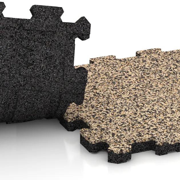 Großaufnahme vom Verbindungssystem von WARCO-Boden 3713 - Fitnessmatte Premium 2 cm im Farbdesign Travertin. Abmessungen 306 x 306 x 20 mm.
