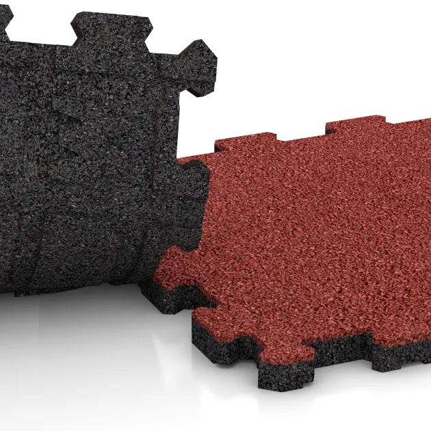 Großaufnahme vom Verbindungssystem von WARCO-Boden 4262 - Fitnessmatte Premium 2 cm im Farbdesign Korallenrot. Abmessungen 306 x 306 x 20 mm.