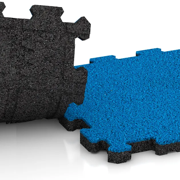 Großaufnahme vom Verbindungssystem von WARCO-Boden 5734 - Messeboden-Klickfliese im Farbdesign Himmelblau. Abmessungen 306 x 306 x 20 mm.