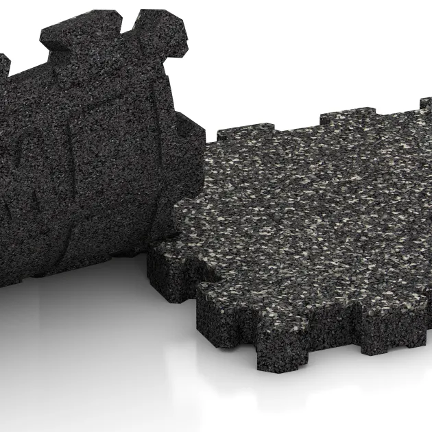 Großaufnahme vom Verbindungssystem von WARCO-Boden 4271 - Sportboden – fugenlos im Farbdesign Dunkelgrauer Granit. Abmessungen 306 x 306 x 30 mm.