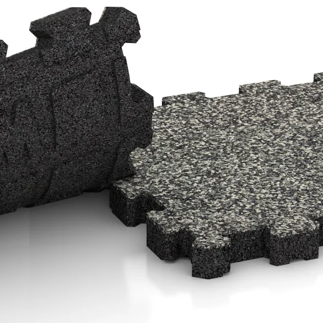 Großaufnahme vom Verbindungssystem von WARCO-Boden 4272 - Sportboden – fugenlos im Farbdesign Grauer Granit. Abmessungen 306 x 306 x 30 mm.
