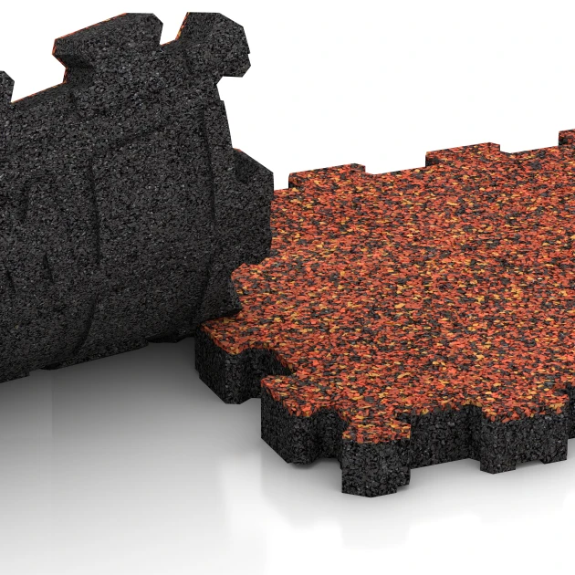 Großaufnahme vom Verbindungssystem von WARCO-Boden 4420 - Sportboden – fugenlos im Farbdesign Feuersglut. Abmessungen 30,6 x 30,6 x 3 cm | 0,094 m².