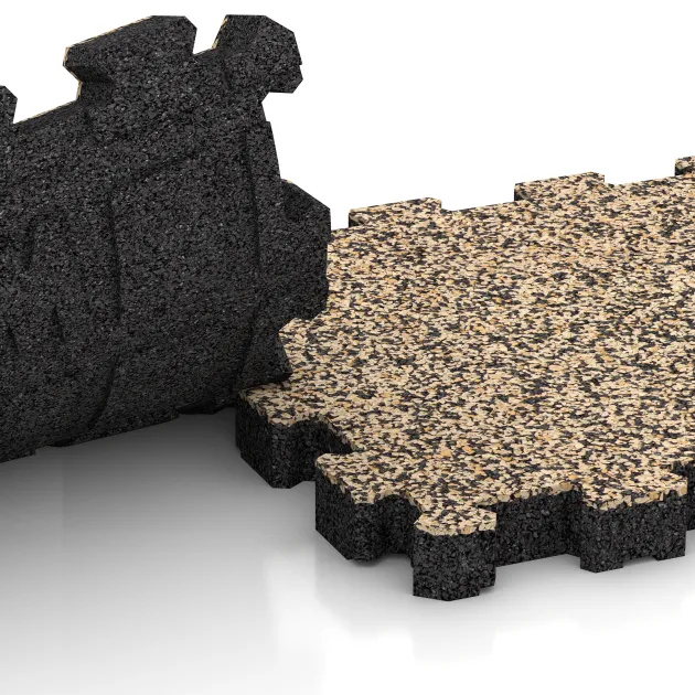 Großaufnahme vom Verbindungssystem von WARCO-Boden 4253 - Sportboden – fugenlos im Farbdesign Travertin. Abmessungen 306 x 306 x 30 mm.