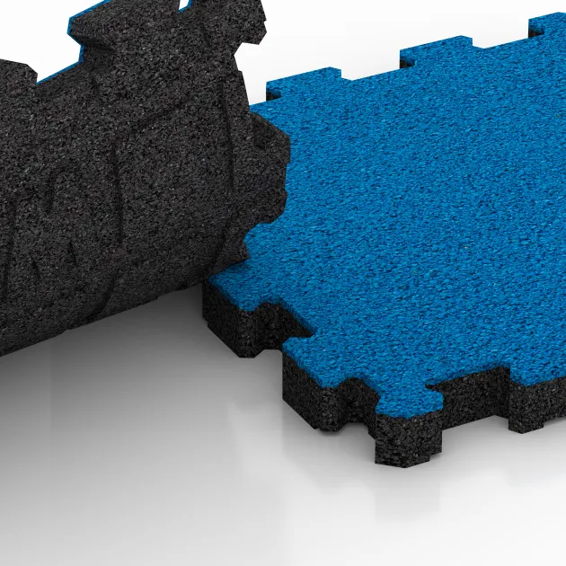 Großaufnahme vom Verbindungssystem von WARCO-Boden 4252 - Sportboden – fugenlos im Farbdesign Himmelblau. Abmessungen 306 x 306 x 30 mm.