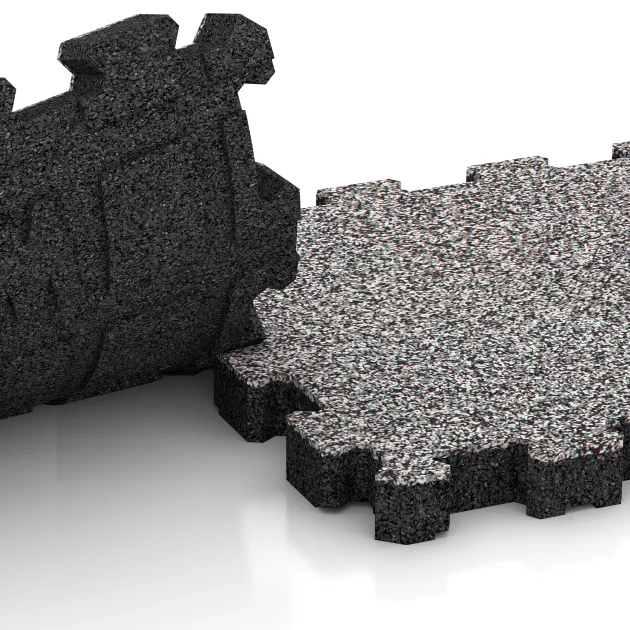 Großaufnahme vom Verbindungssystem von WARCO-Boden 4455 - Sportboden – fugenlos im Farbdesign Grau Melange. Abmessungen 306 x 306 x 30 mm.