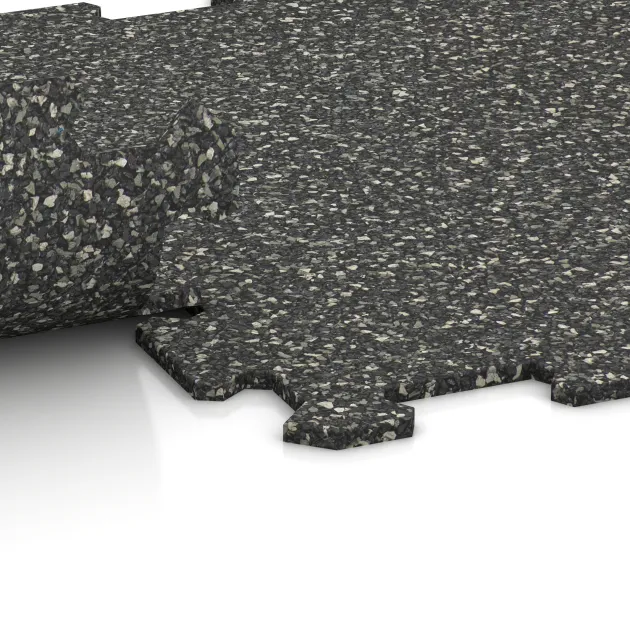 Großaufnahme vom Verbindungssystem von WARCO-Boden 0882 - Fitnessboden Kompakt im Farbdesign Dunkelgrauer Granit. Abmessungen 485 x 485 x 8 mm | 0,235 m².