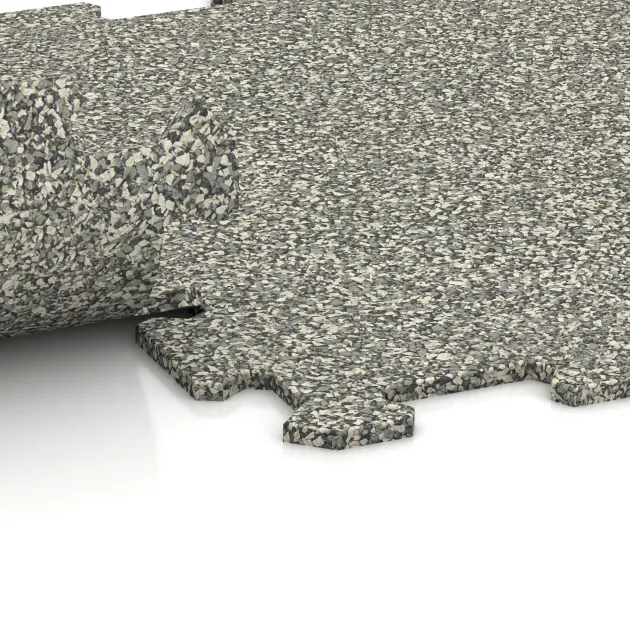 Großaufnahme vom Verbindungssystem von WARCO-Boden 0884 - Fitnessboden Kompakt im Farbdesign Heller Granit. Abmessungen 485 x 485 x 8 mm | 0,235 m².