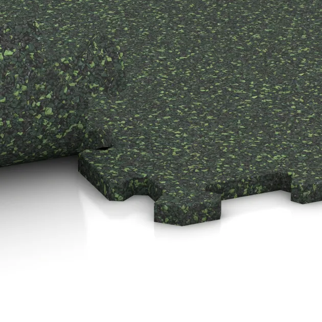 Großaufnahme vom Verbindungssystem von WARCO-Boden 0961 - Fitnessboden Kompakt im Farbdesign Englischer Rasen. Abmessungen 485 x 485 x 16 mm | 0,235 m².