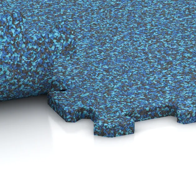 Großaufnahme vom Verbindungssystem von WARCO-Boden 0968 - Fitnessboden Kompakt im Farbdesign Atlantik. Abmessungen 485 x 485 x 16 mm | 0,235 m².