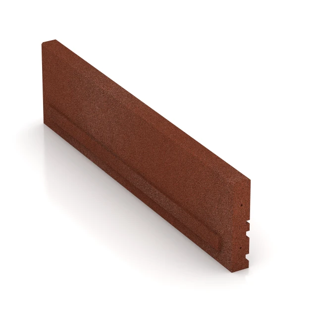 Großaufnahme vom Verbindungssystem von WARCO-Boden 3785 - Gummi-Tiefbord im Farbdesign Ziegelrot. Abmessungen 100 × 5 × 25 cm.