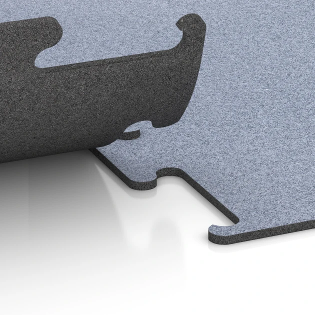 Großaufnahme vom Verbindungssystem von WARCO-Boden 6146 - Fitness Performance Elite Trainingsboden im Farbdesign Nebelgrau. Abmessungen 100 x 100 x 1 cm | 1,00 m².