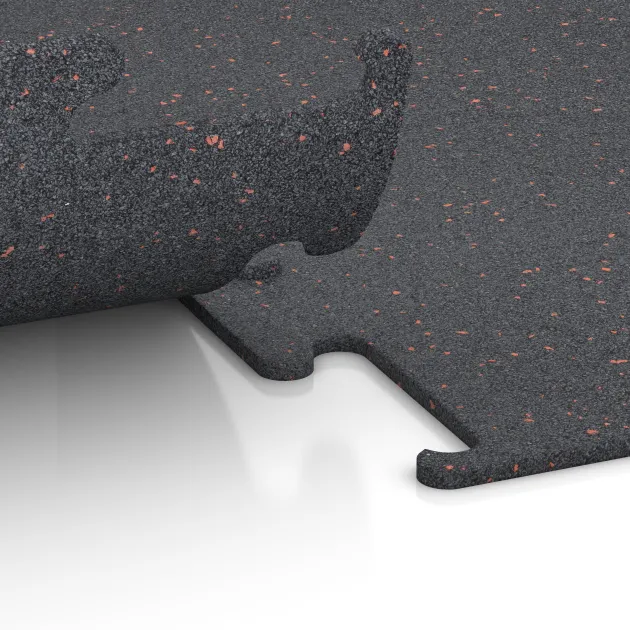 Großaufnahme vom Verbindungssystem von WARCO-Boden 3753 - Fitness Performance Elite Trainingsboden im Farbdesign Leicht Rot Gesprenkelt. Abmessungen 1000 x 1000 x 10 mm.