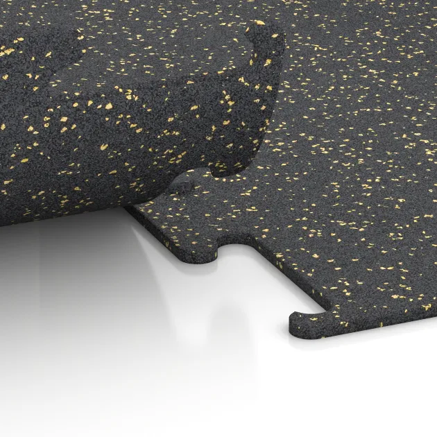 Großaufnahme vom Verbindungssystem von WARCO-Boden 3752 - Fitness Performance Elite Trainingsboden im Farbdesign Leicht Gelb Gesprenkelt. Abmessungen 1000 x 1000 x 10 mm.