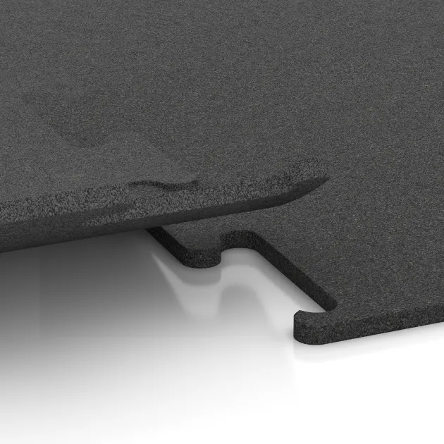 Großaufnahme vom Verbindungssystem von WARCO-Boden 3747 - Fitness Performance Elite Trainingsboden im Farbdesign Anthrazit. Abmessungen 1000 x 1000 x 15 mm.