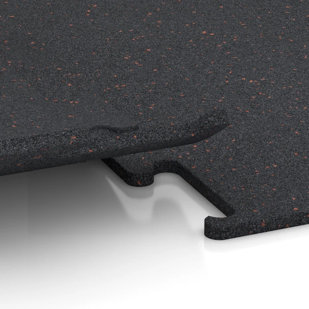 Großaufnahme vom Verbindungssystem von WARCO-Boden 3757 - Fitness Performance Elite Trainingsboden im Farbdesign Leicht Rot Gesprenkelt. Abmessungen 100 x 100 x 1,5 cm | 1,00 m².